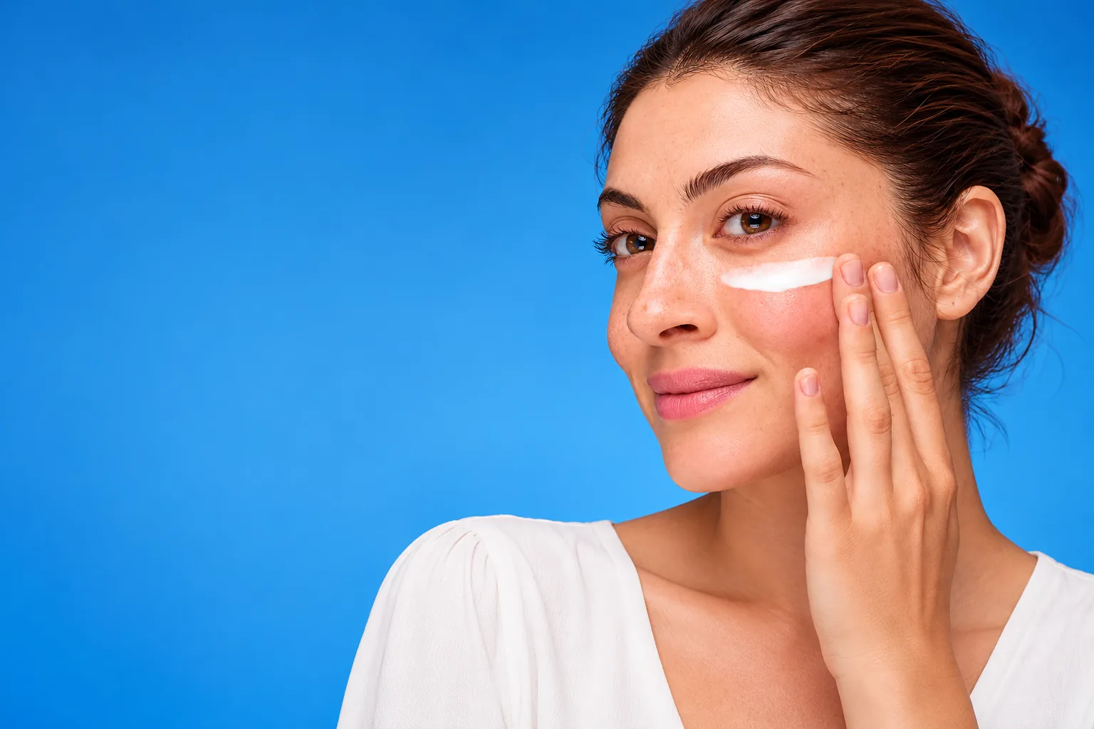 Woman applying Korean skincare cream to her cheek